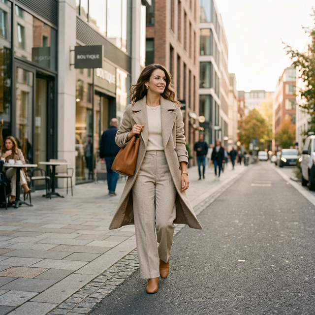 Woman in elegant neutral outfit on city street