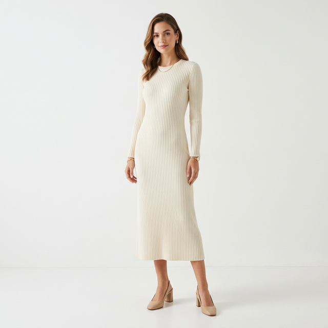Ribbed Knit Midi Dress in cream